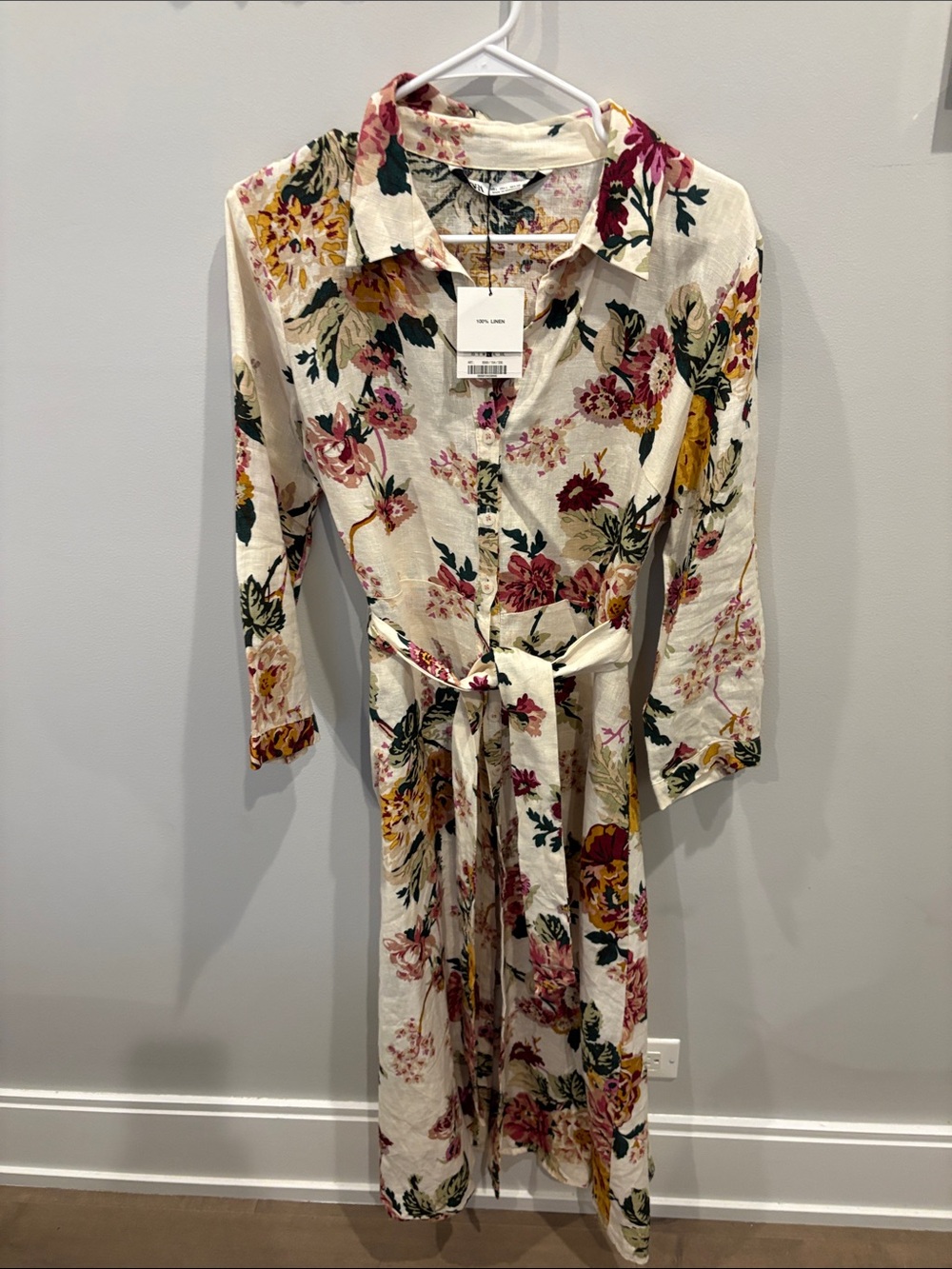 Zara Cream Floral Long-Sleeve Shirt Dress with Tie Belt